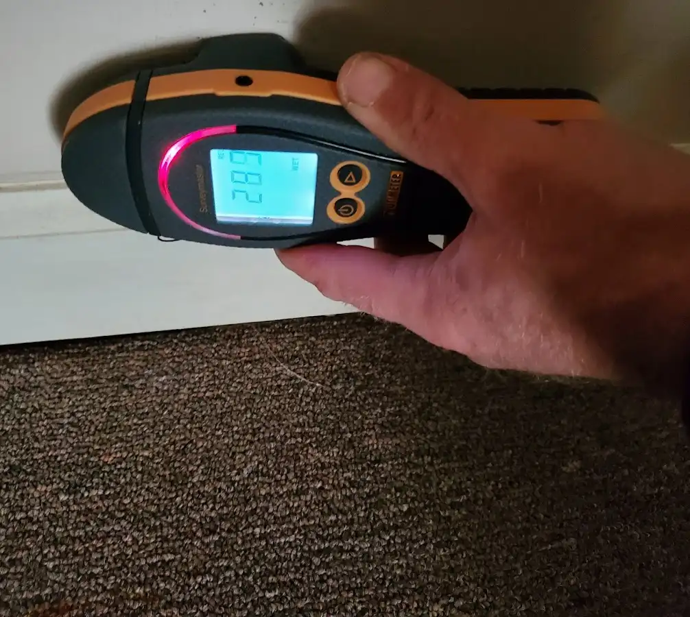 Moisture detection at baseboard during Storm Damage Restoration in Jefferson Hills